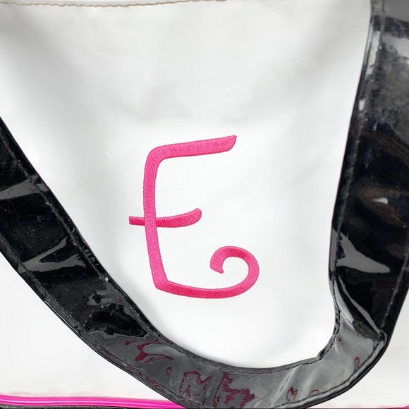 Retro 1960’s Style Vinyl Tote Bag Black White Pink Polka Dot Lining Monogram - Picture 5 of 8